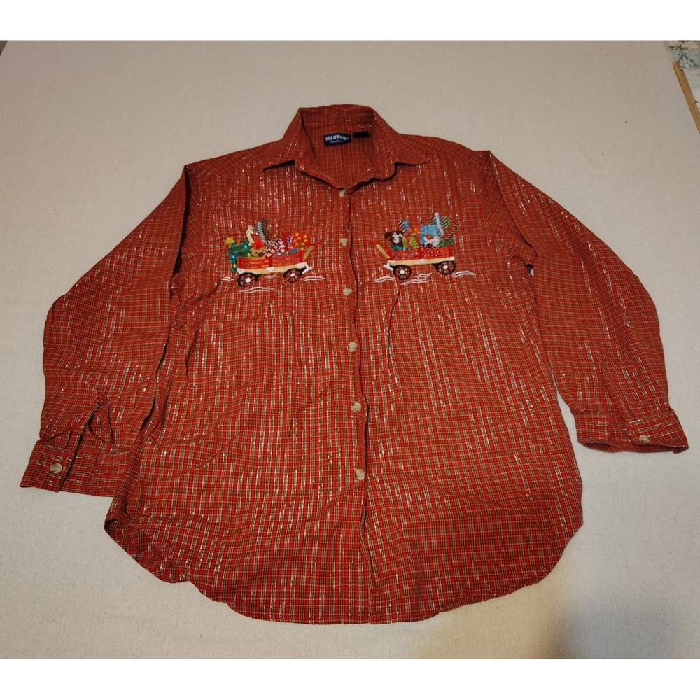 Grannycore Red Plaid Shirt Women's Small Embroidered Wagon Christmas Tree OO‎